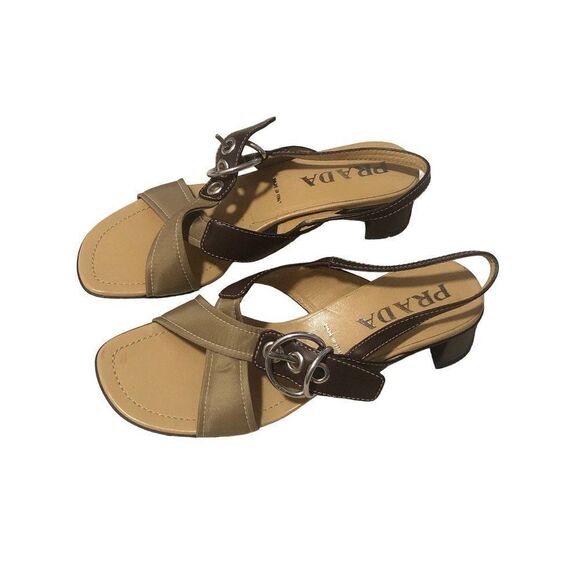 PRADA Sandals Crisscross Slingback Heels Leather Nylon Brown Size 36.5 - Picture 2 of 9